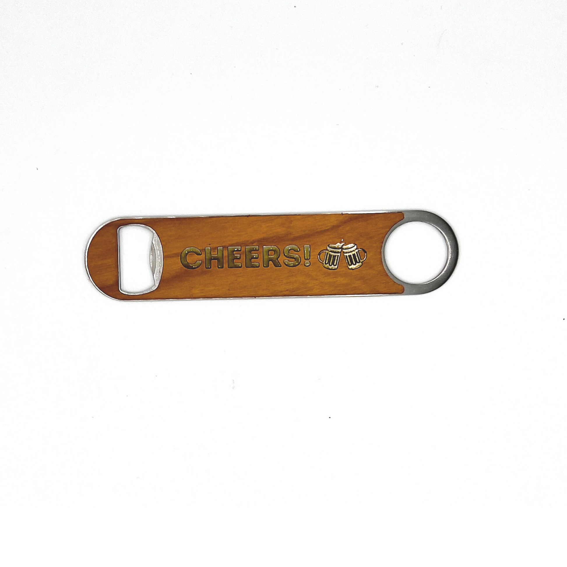 Stainless Steel and Wood Veneer "Cheers" Bottle Opener image 0