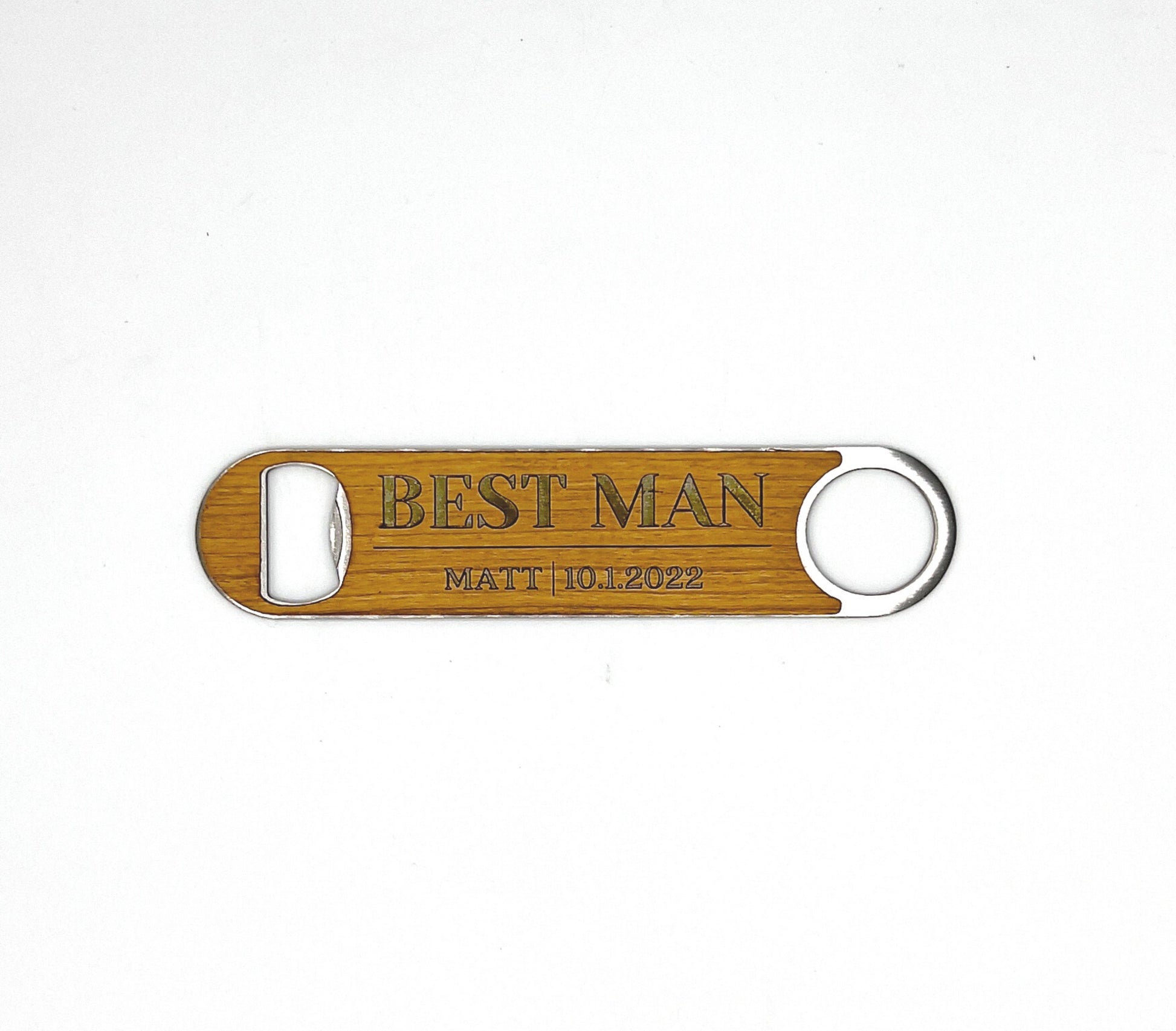Custom Stainless Steel and Wood Veneer Groomsman Bottle Opener image 0