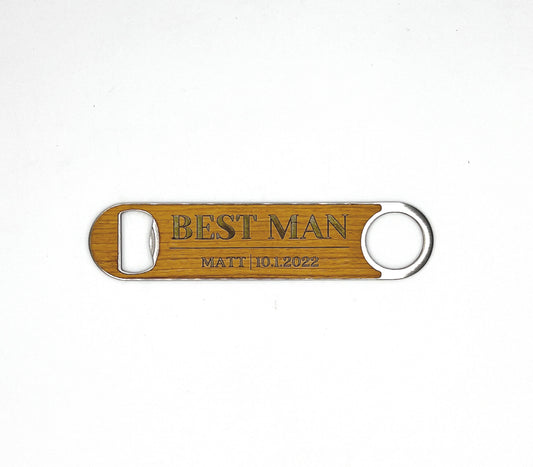 Custom Stainless Steel and Wood Veneer Groomsman Bottle Opener image 0