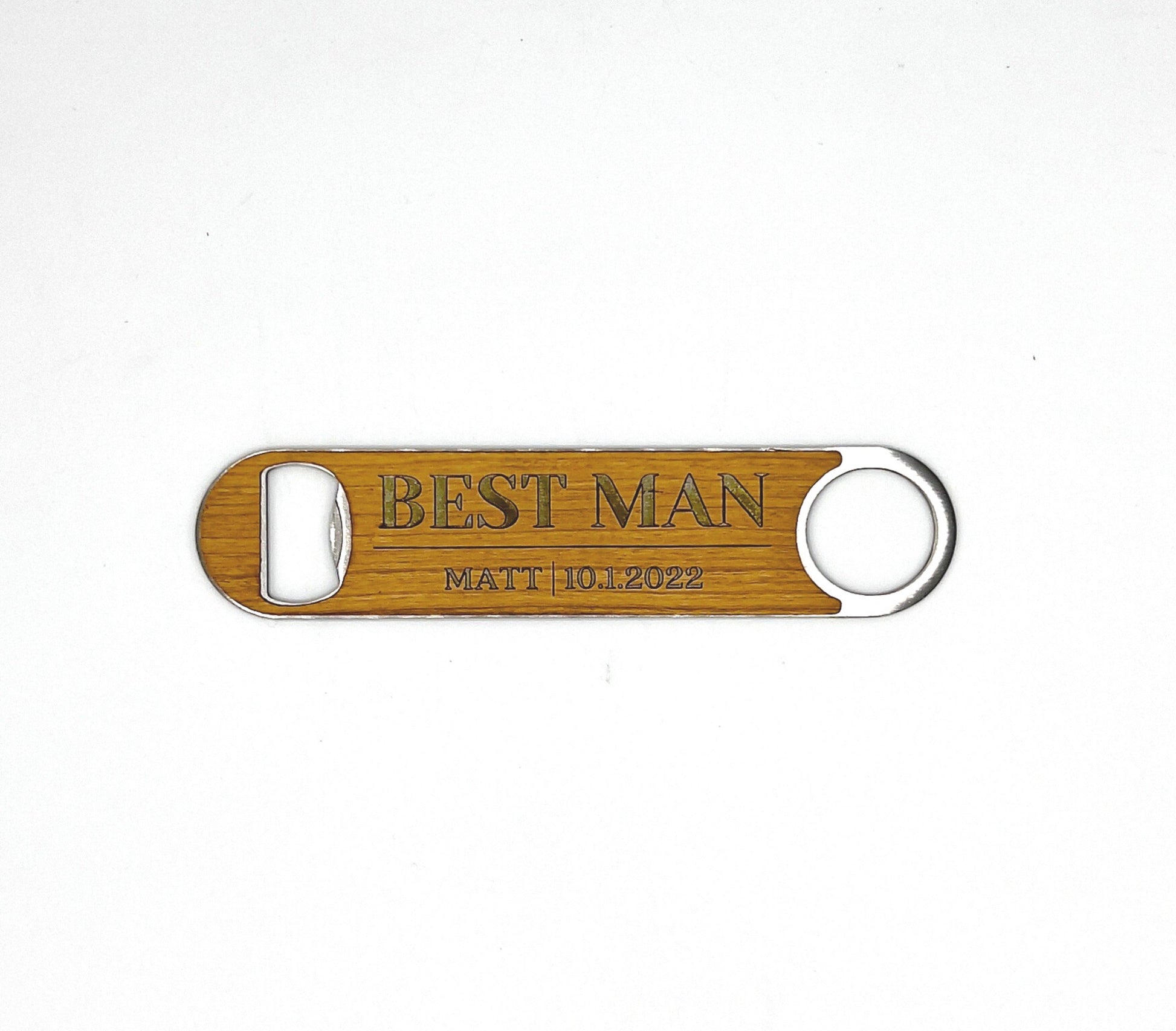Custom Stainless Steel and Wood Veneer Groomsman Bottle Opener image 0