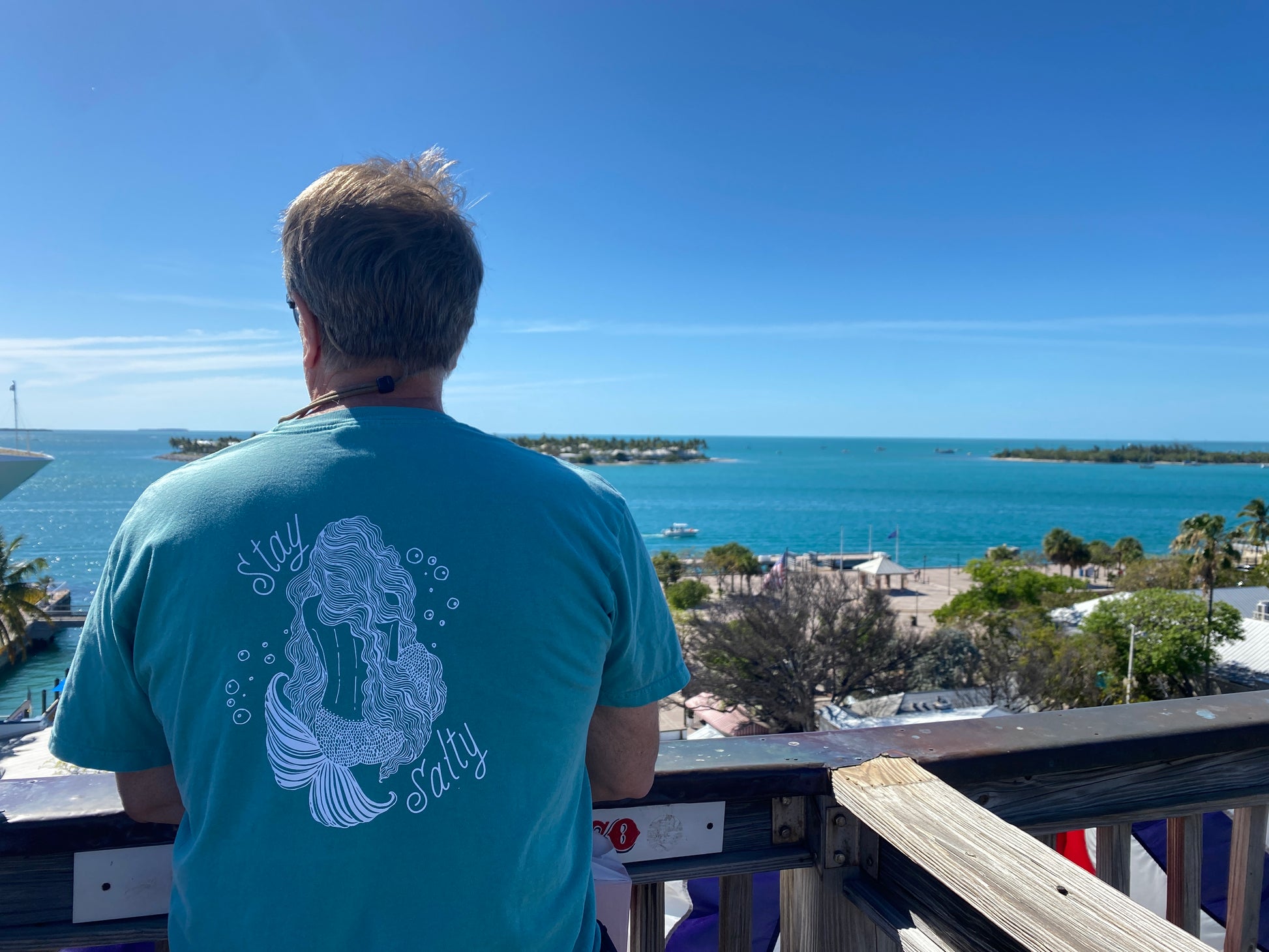 Person wearing a blue t-shirt with a mermaid design, standing on a deck overlooking a body of water.