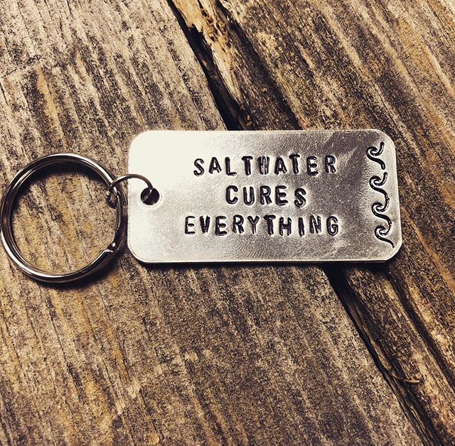 Hand-Stamped "Saltwater Cures Everything" Aluminum Keychain image 0