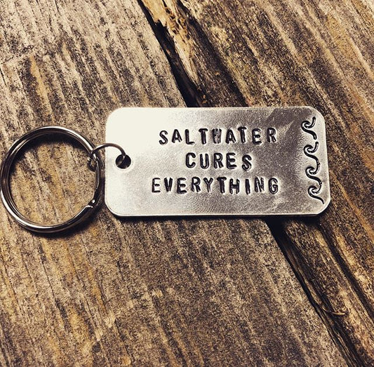 Hand-Stamped "Saltwater Cures Everything" Aluminum Keychain image 0