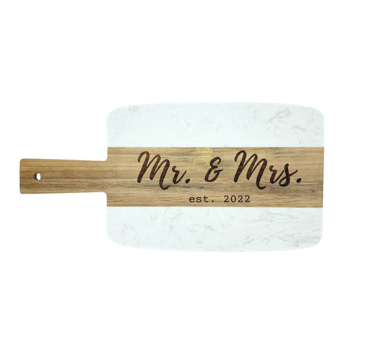 Acacia Wood and White Marble "Mr & Mrs" Wedding Board image 0