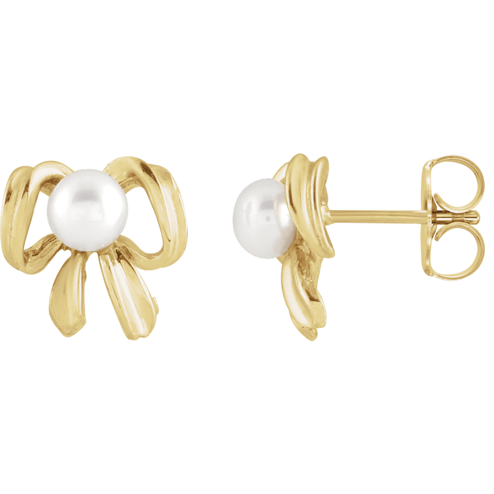 14k Gold Pearl Bow Earrings