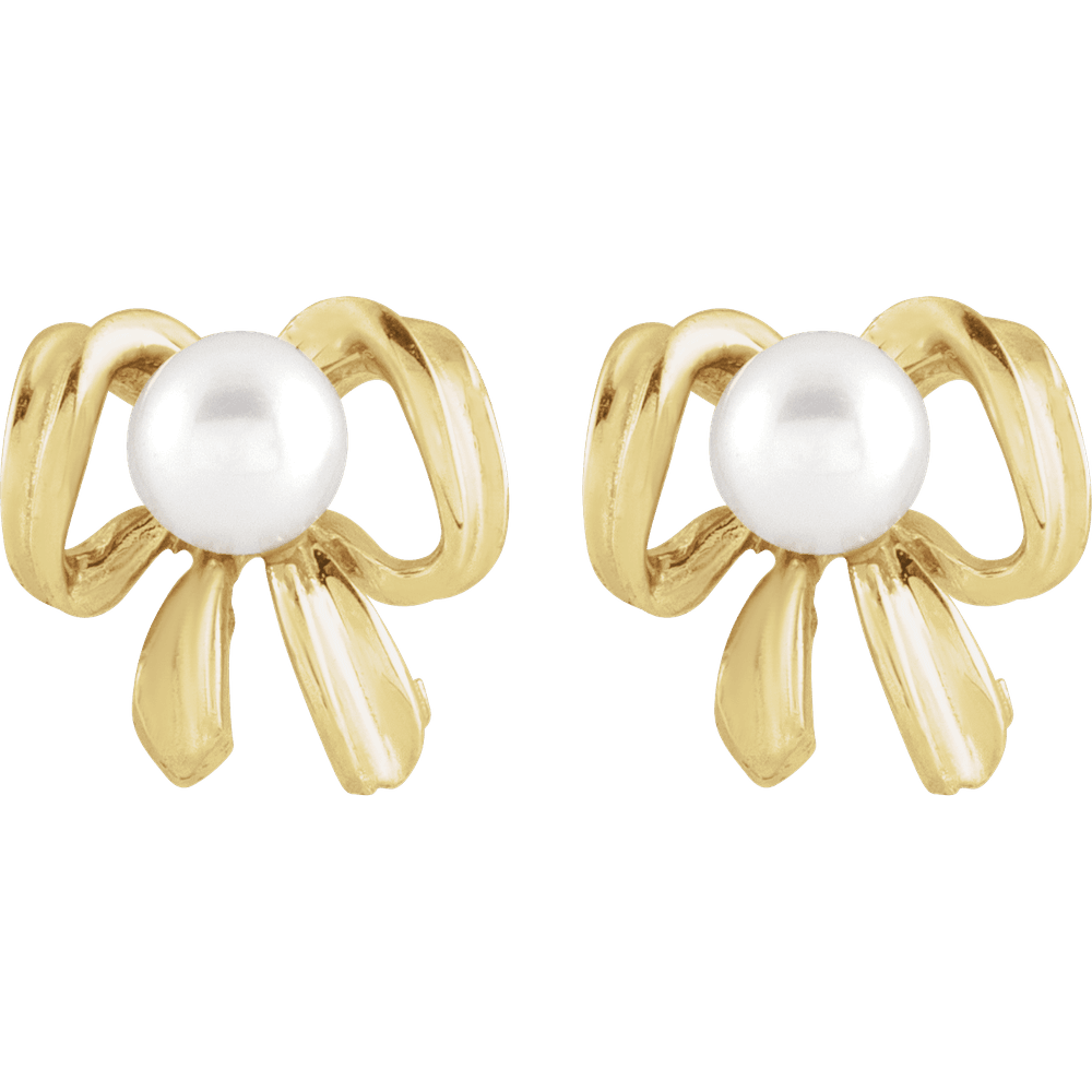 14k Gold Pearl Bow Earrings
