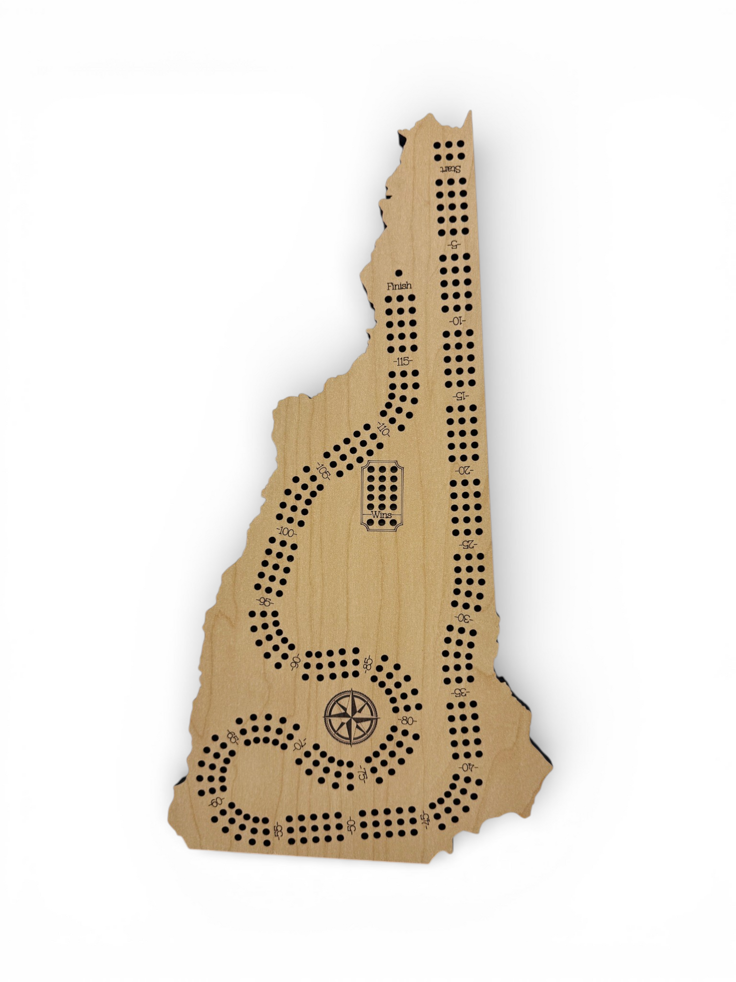 Wooden cribbage board shaped like the state of New Hampshire on a white background