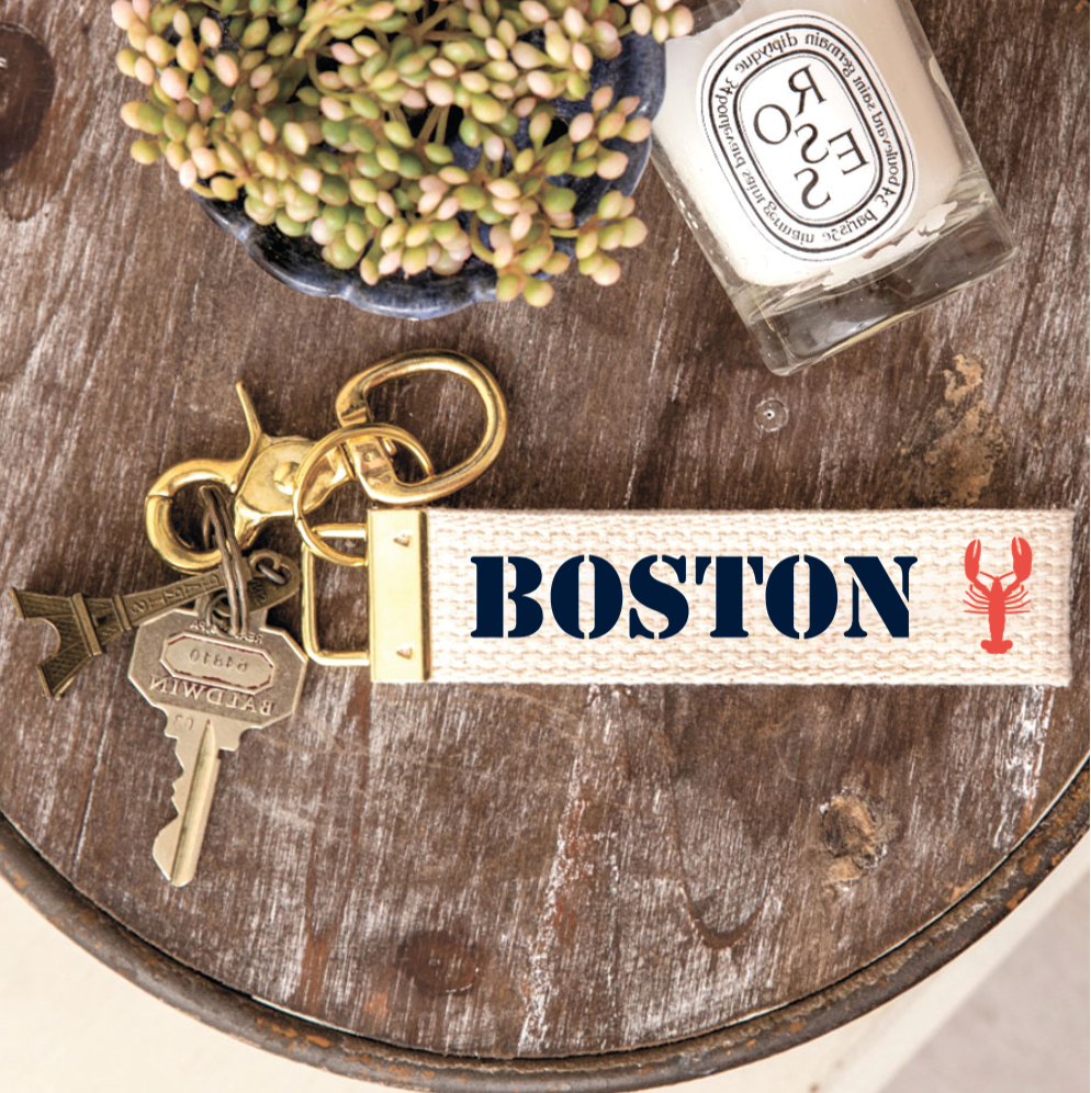 Boston wristlet keychain with gold hardware, Massachusetts souvenir key fob inspired by New England travel and coastal style